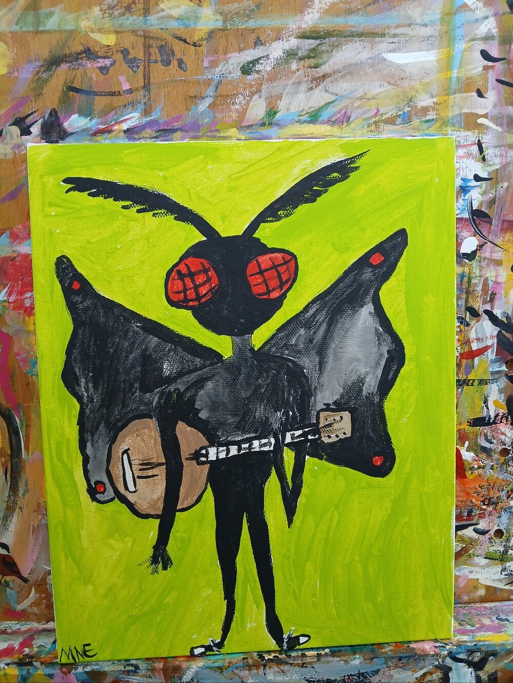 Mothman Playing Banjo Painting Folk Art